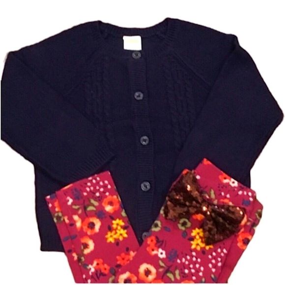 Navy Cardigan Floral Leggings Sequin Bow Set Sz 2T - Picture 4 of 11